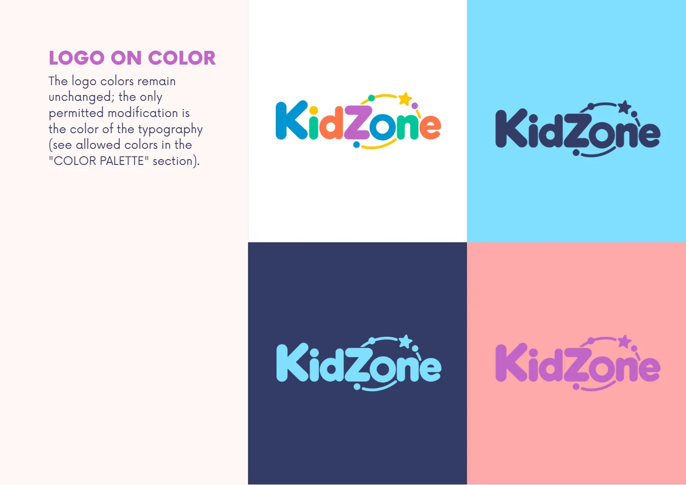 KidZone logo uz dažādu krāsu foniem