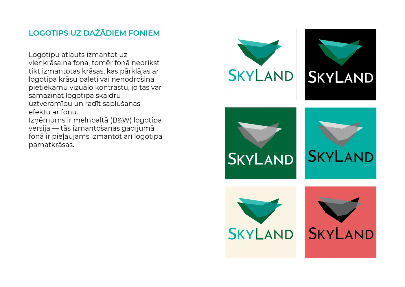 SkyLand logo uz gaiša, tumša un krāsaina fona